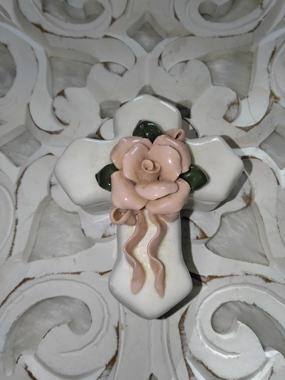 Ceramic Cross Trinket Box with Pink Rose